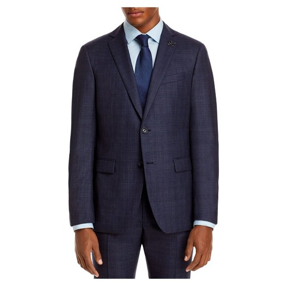 New John Varvatos Men's Navy Plaid Slim Fit Suit 2 Piece Men’s Suit 44Reg X 34W